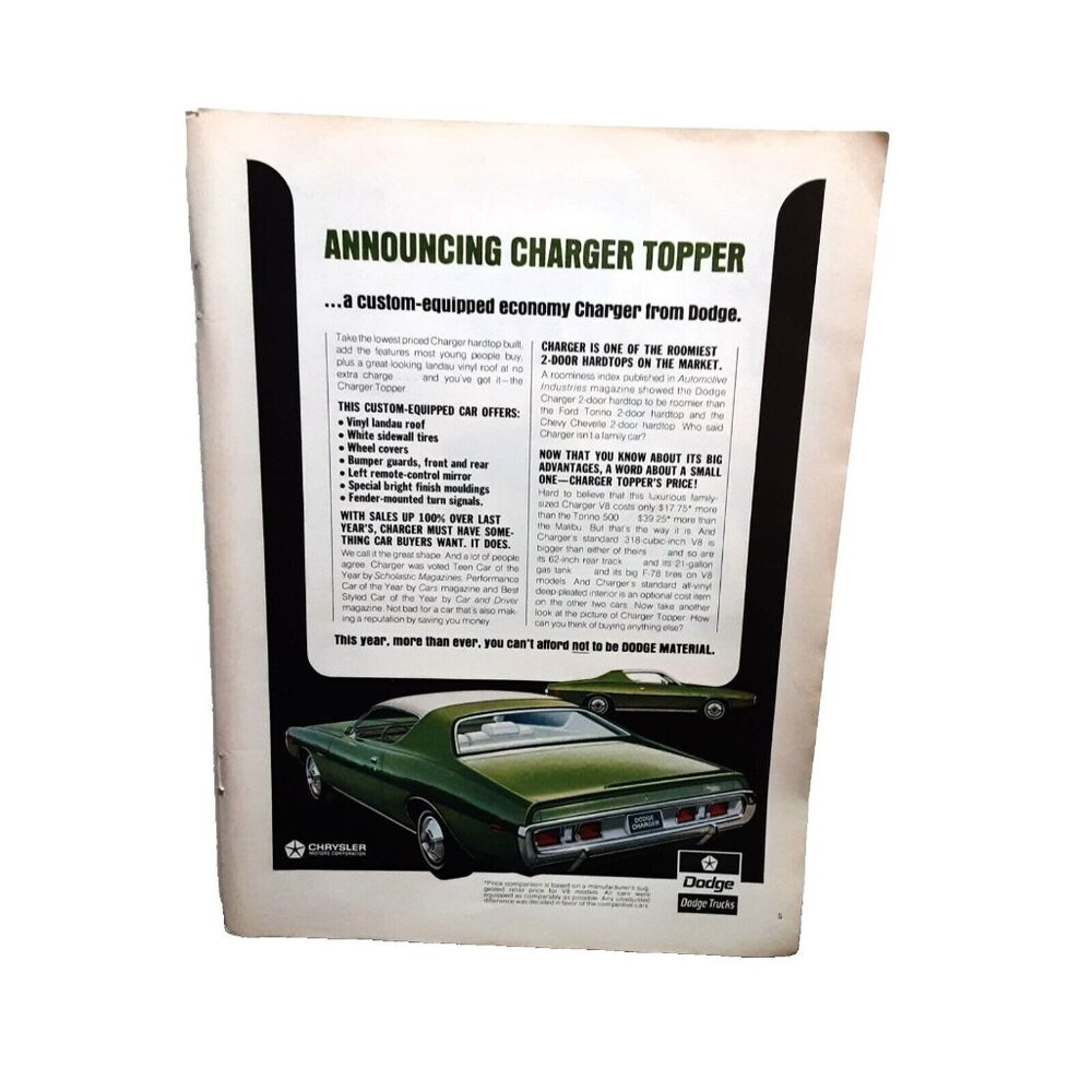 1971 Dodge Charger Green Color Car Original Print Ad vintage